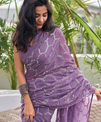 onion pink sequin georgette saree with unstitched blouse 1