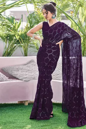 wine sequin georgette saree with unstitched blouse