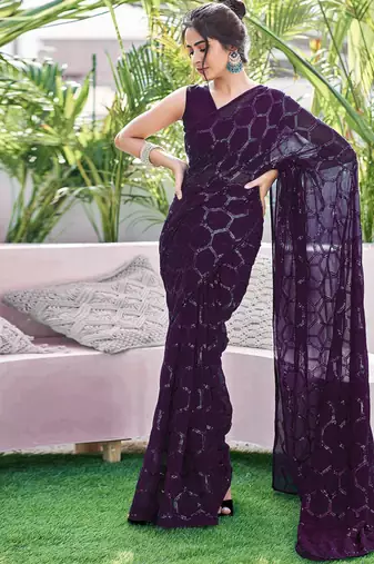 wine sequin georgette saree with unstitched blouse