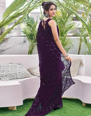 wine sequin georgette saree with unstitched blouse 2