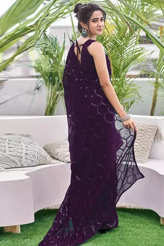 wine sequin georgette saree with unstitched blouse