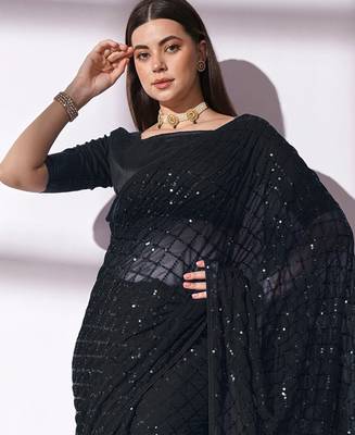 black sequin georgette saree with unstitched blouse 1