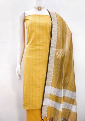 Yellow cotton jacquard salwar suit material with woven cotton dupatta 2