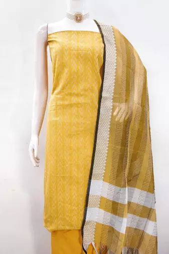 Yellow cotton jacquard salwar suit material with woven cotton dupatta