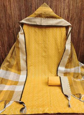 Yellow cotton jacquard salwar suit material with woven cotton dupatta 3