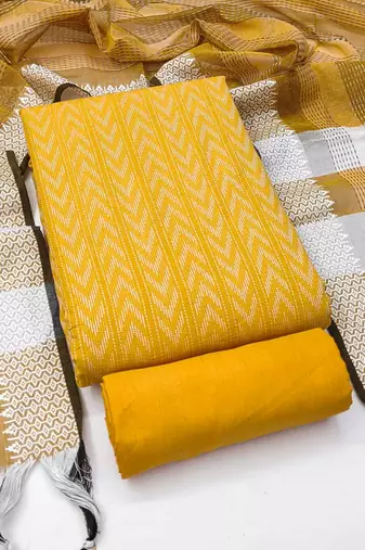 Yellow cotton jacquard salwar suit material with woven cotton dupatta