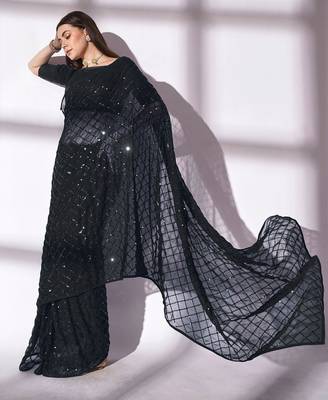 black sequin georgette saree with unstitched blouse 2