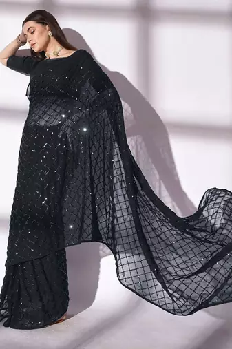 black sequin georgette saree with unstitched blouse