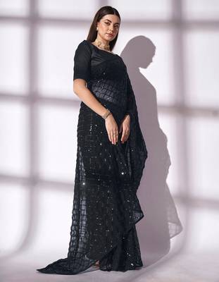 black sequin georgette saree with unstitched blouse 3