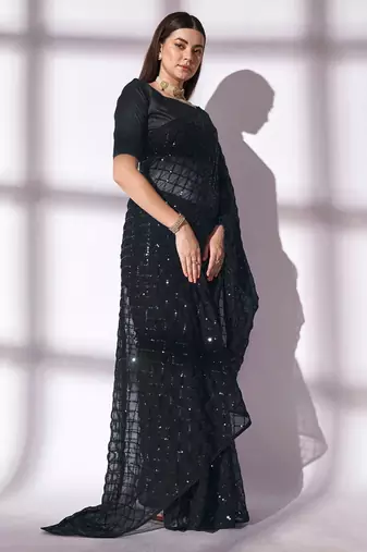 black sequin georgette saree with unstitched blouse
