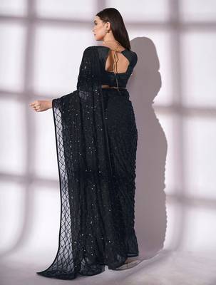 black sequin georgette saree with unstitched blouse 4