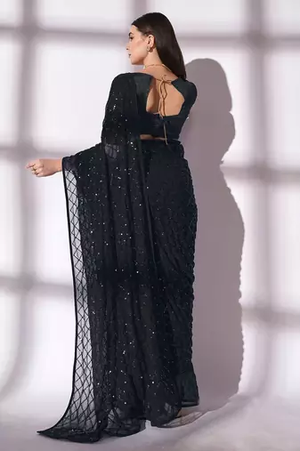 black sequin georgette saree with unstitched blouse