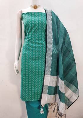 Green cotton jacquard salwar suit material with woven cotton dupatta 2