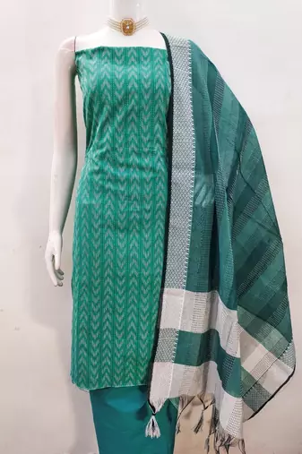 Green cotton jacquard salwar suit material with woven cotton dupatta