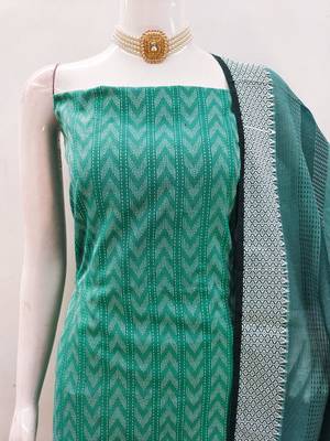 Green cotton jacquard salwar suit material with woven cotton dupatta 3