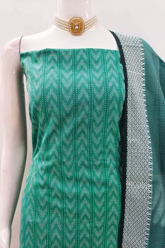 Green cotton jacquard salwar suit material with woven cotton dupatta