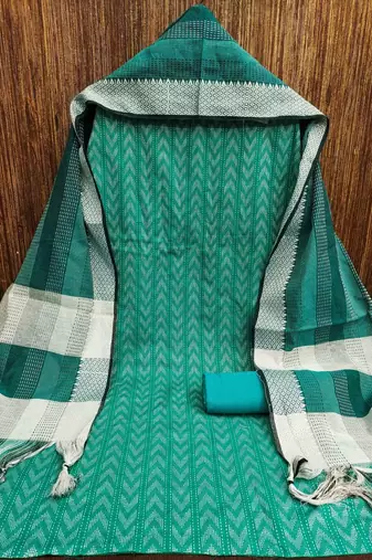 Green cotton jacquard salwar suit material with woven cotton dupatta