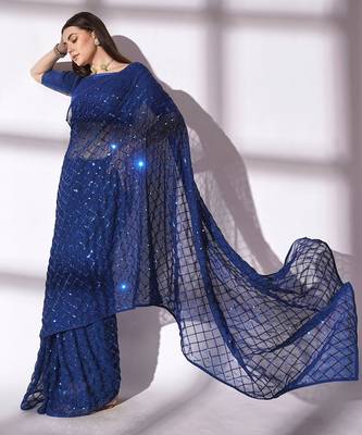 blue sequin georgette saree with unstitched blouse 1