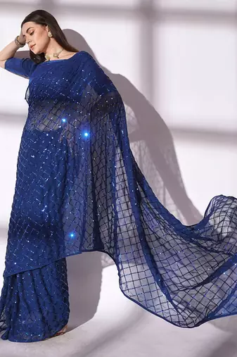 blue sequin georgette saree with unstitched blouse