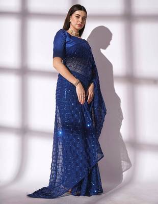 blue sequin georgette saree with unstitched blouse 2