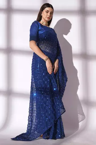 blue sequin georgette saree with unstitched blouse