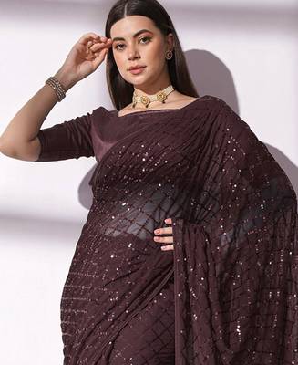 coffee brown sequin georgette saree with unstitched blouse 1