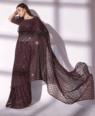 coffee brown sequin georgette saree with unstitched blouse 2