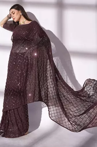 coffee brown sequin georgette saree with unstitched blouse