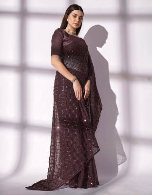 coffee brown sequin georgette saree with unstitched blouse 3
