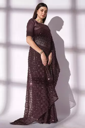 coffee brown sequin georgette saree with unstitched blouse