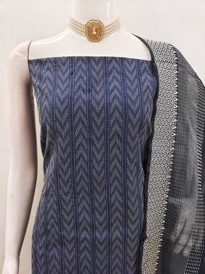 Navy blue cotton jacquard salwar suit material with woven cotton dupatta 3