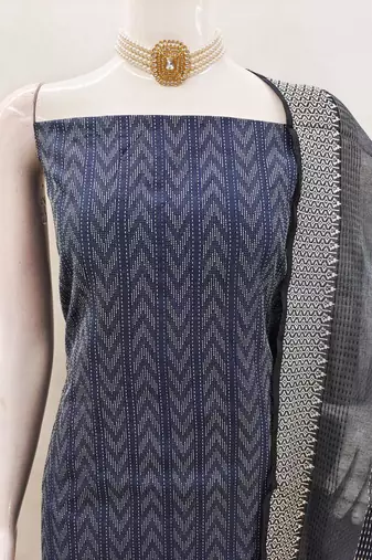 Navy blue cotton jacquard salwar suit material with woven cotton dupatta