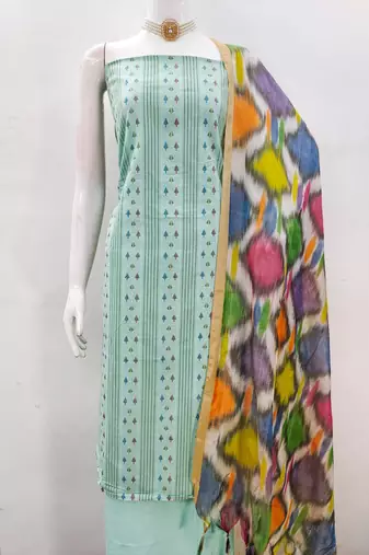 Green cotton jacquard salwar suit material with multicolor cotton dupatta