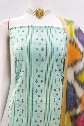 Green cotton jacquard salwar suit material with multicolor cotton dupatta