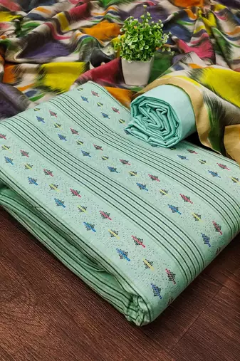 Green cotton jacquard salwar suit material with multicolor cotton dupatta