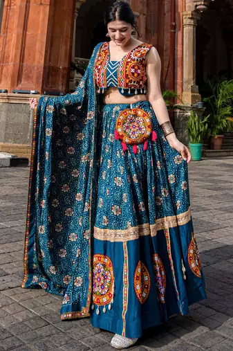 Teal Blue Pure Rayon Printed Navratri Wear Lehenga Choli