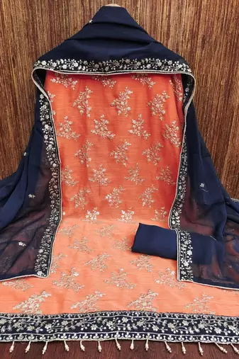 orange zomata embroidered salwar suit material with contrasting dupatta