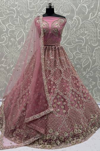 Glamorous Rose Pink Net Zari Embroidered Bridesmaids Lehenga Choli