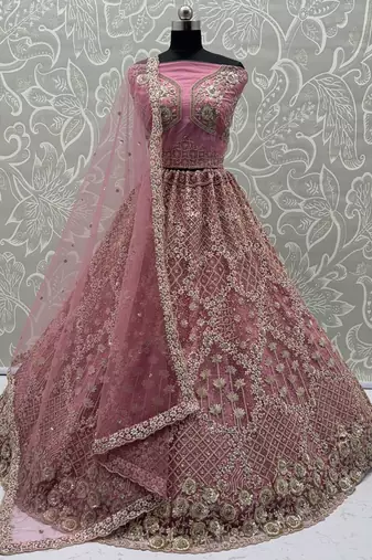 Glamorous Rose Pink Net Zari Embroidered Bridesmaids Lehenga Choli