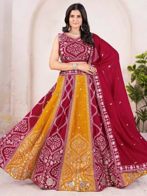 red silk sequins embroidered lehenga set choli with dupatta 1