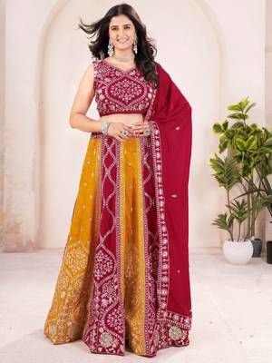 red silk sequins embroidered lehenga set choli with dupatta 2