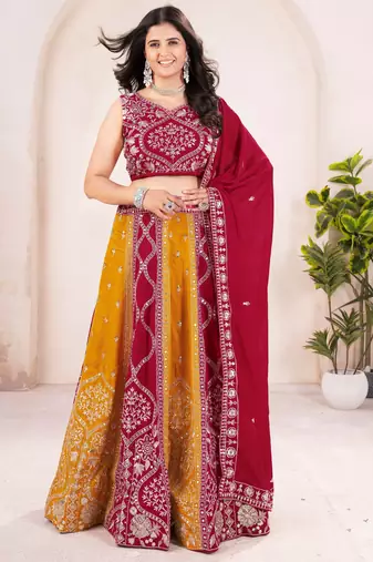 red silk sequins embroidered lehenga set choli with dupatta
