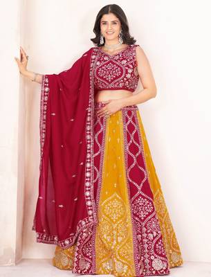 red silk sequins embroidered lehenga set choli with dupatta 3