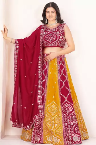 red silk sequins embroidered lehenga set choli with dupatta