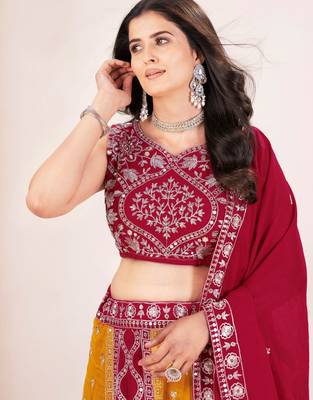 red silk sequins embroidered lehenga set choli with dupatta 4