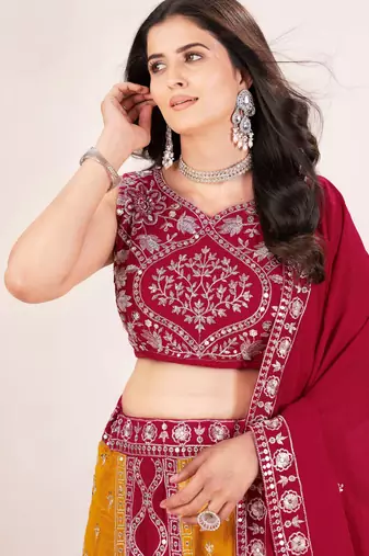 red silk sequins embroidered lehenga set choli with dupatta
