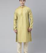 Greenish yellow silk jacquard kurtas