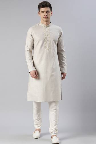 Beige yellow linen embroidered kurta