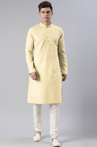 Cream yellow linen embroidered kurta