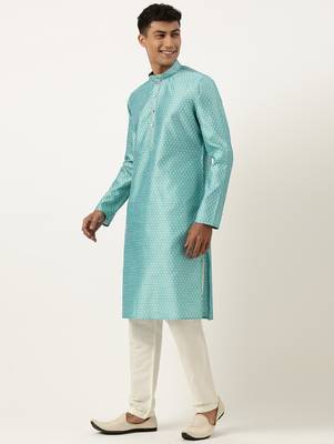 Bluish green jacquard silk kurtas 3